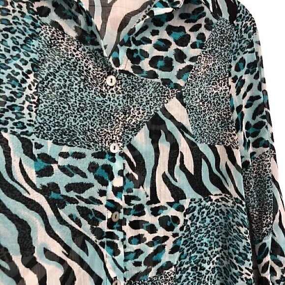 Slinky Brand ladies Blue leopard silky top button down Bell Sleeve Sheer SZ S - Picture 3 of 6